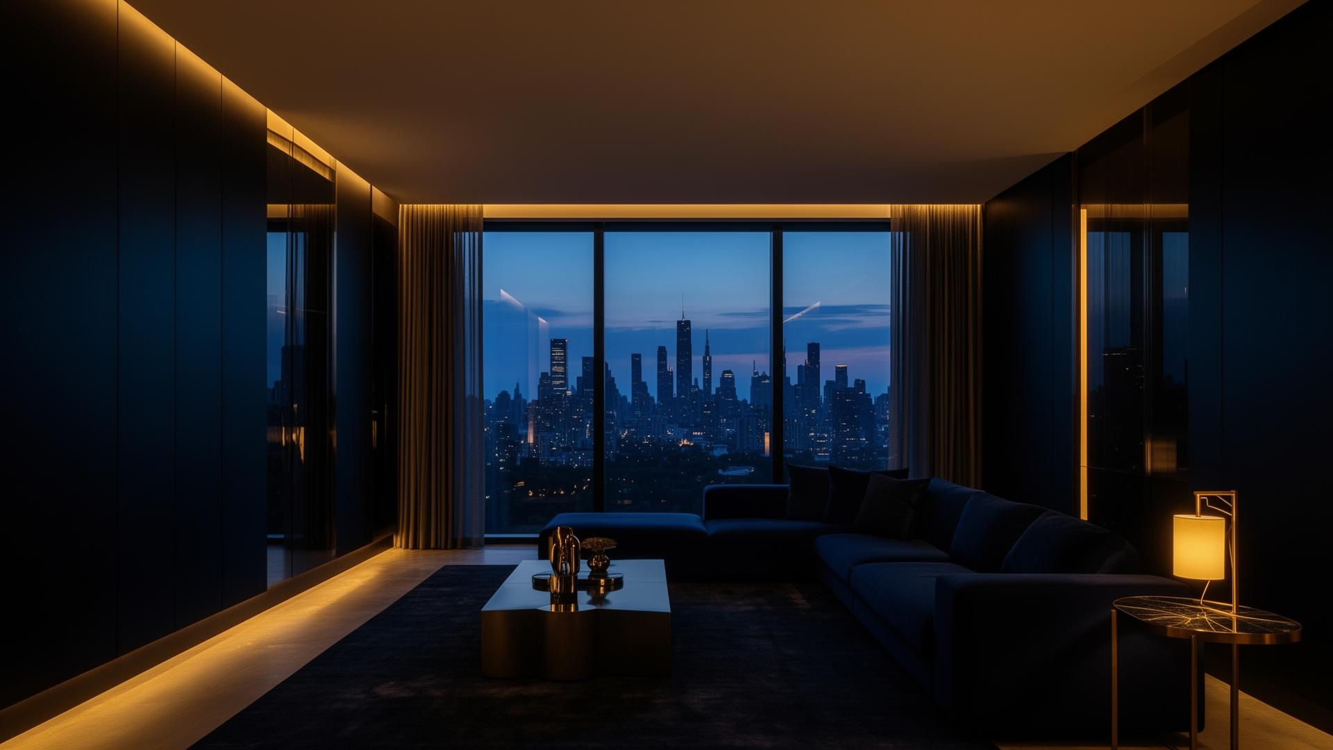Interior premium de imóvel ao entardecer com vista para a cidade